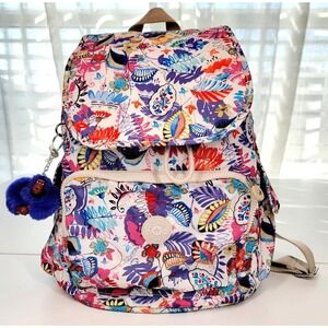 Kipling Ravier City Backpack Floral Feathers Leaves Rainbow Monkey Book Bag 15"‎